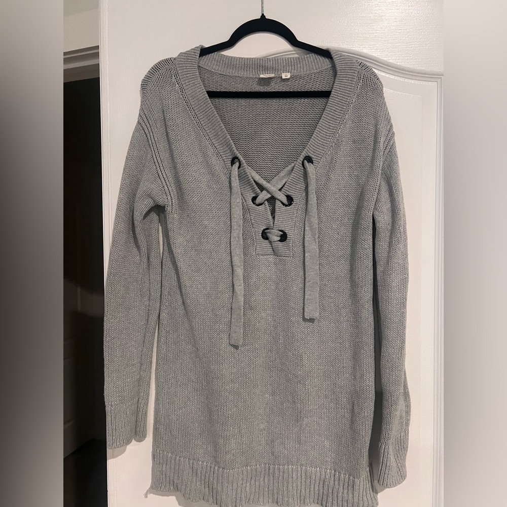 GAP Gray V-Neck Lace-Up Sweater